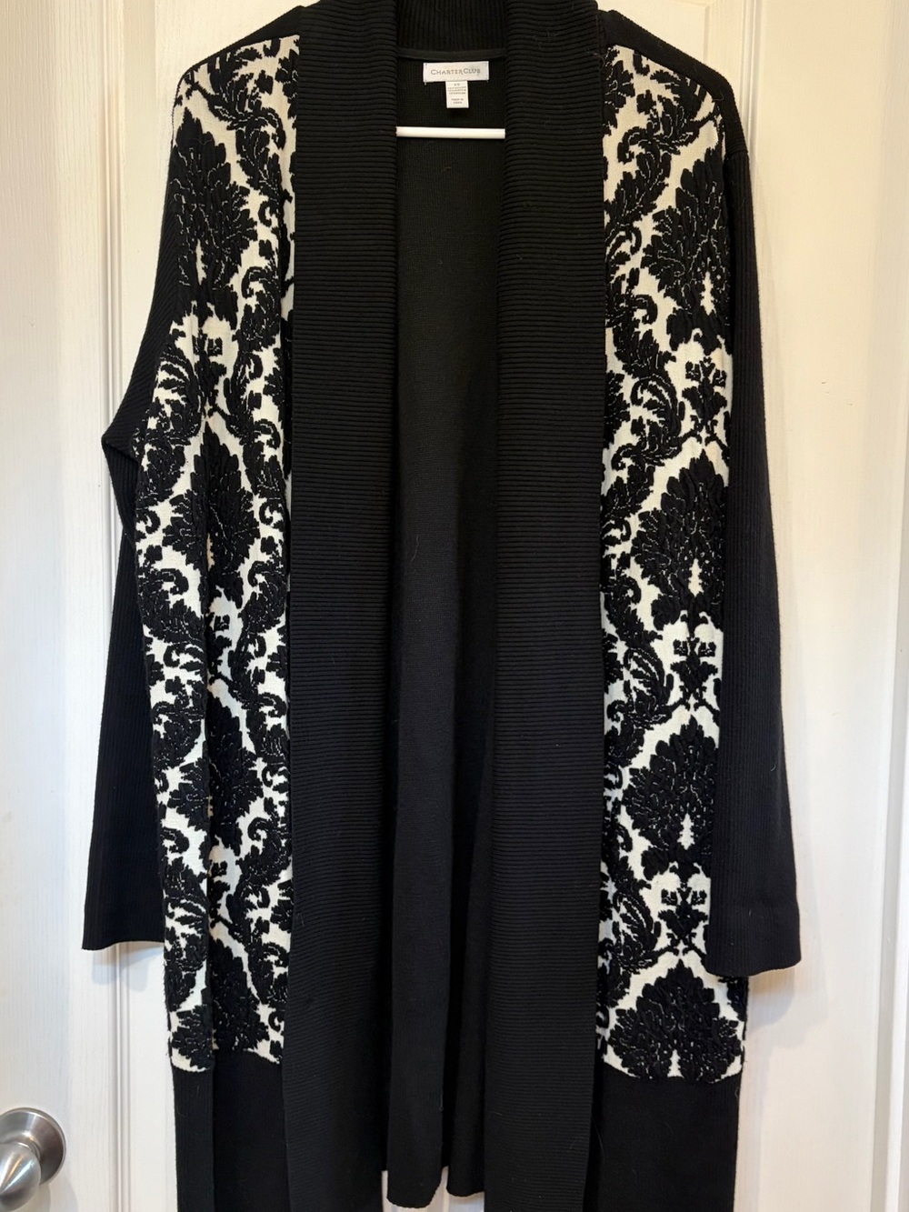 Charter Club Black & White Open-Front Damask Cardigan